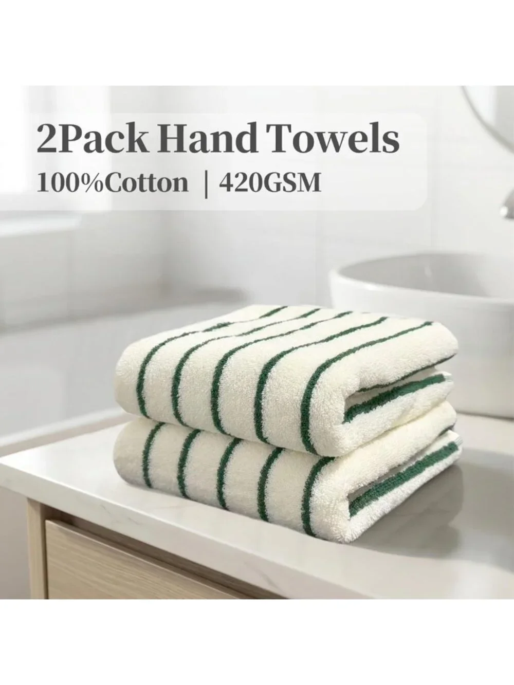 Set of 2 Green Stripe Cotton Hand Towels - Ultra Absorbent, Soft & Durable 13x28